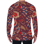 Maroon Vintage Bohemian Floral Print Men's Long Sleeve T-Shirt