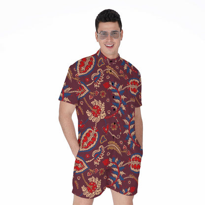Maroon Vintage Bohemian Floral Print Men's Rompers