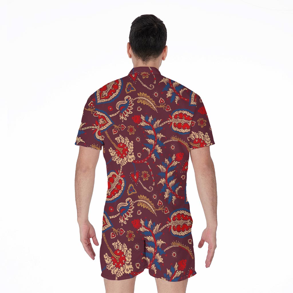 Maroon Vintage Bohemian Floral Print Men's Rompers