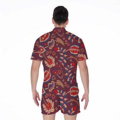 Maroon Vintage Bohemian Floral Print Men's Rompers