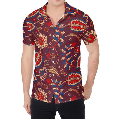 Maroon Vintage Bohemian Floral Print Men's Shirt