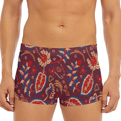 Maroon Vintage Bohemian Floral Print Men's Short Boxer Briefs