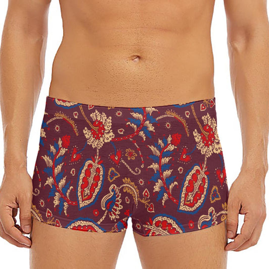 Maroon Vintage Bohemian Floral Print Men's Short Boxer Briefs