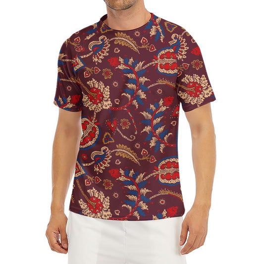 Maroon Vintage Bohemian Floral Print Men's Short Sleeve Rash Guard