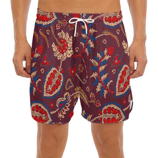 Maroon Vintage Bohemian Floral Print Men's Split Running Shorts