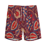 Maroon Vintage Bohemian Floral Print Men's Sports Shorts