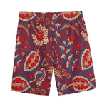 Maroon Vintage Bohemian Floral Print Men's Sports Shorts
