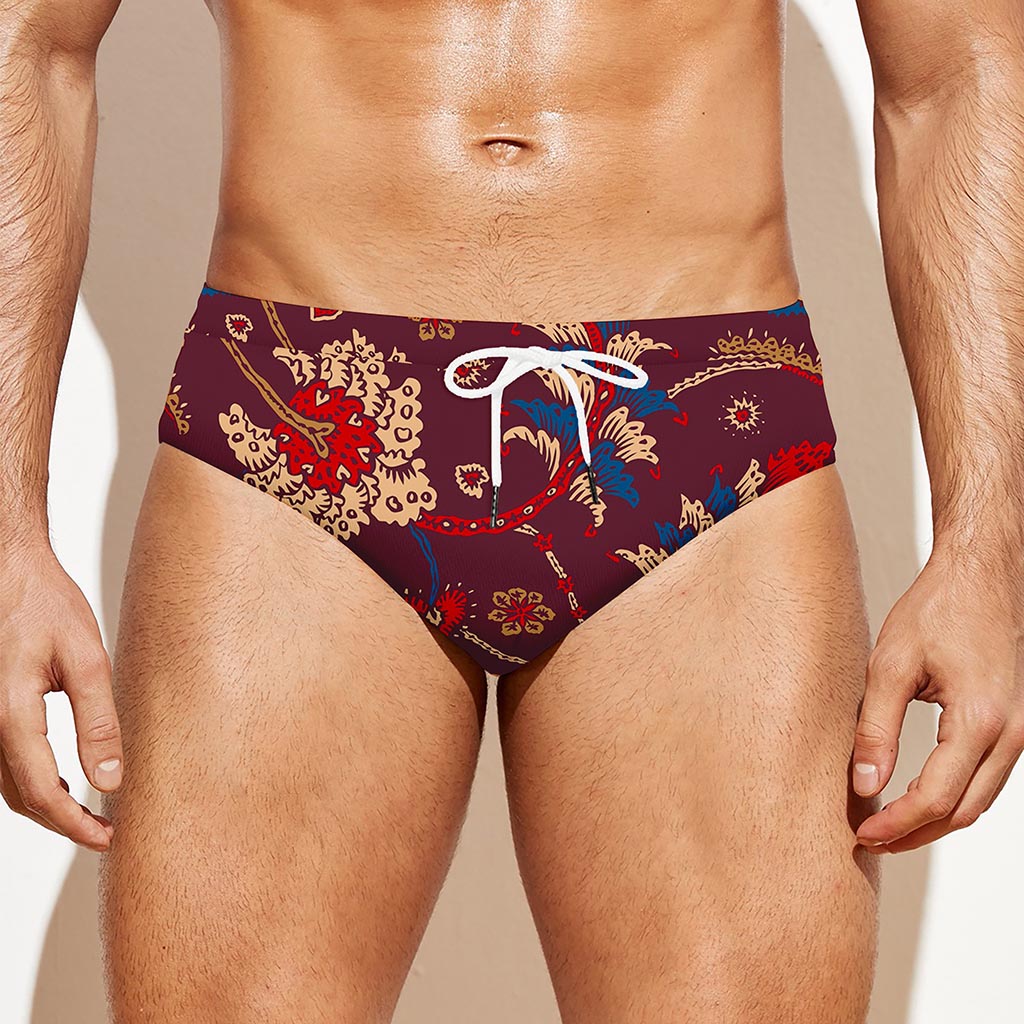 Maroon Vintage Bohemian Floral Print Men's Swim Briefs