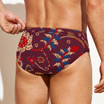 Maroon Vintage Bohemian Floral Print Men's Swim Briefs
