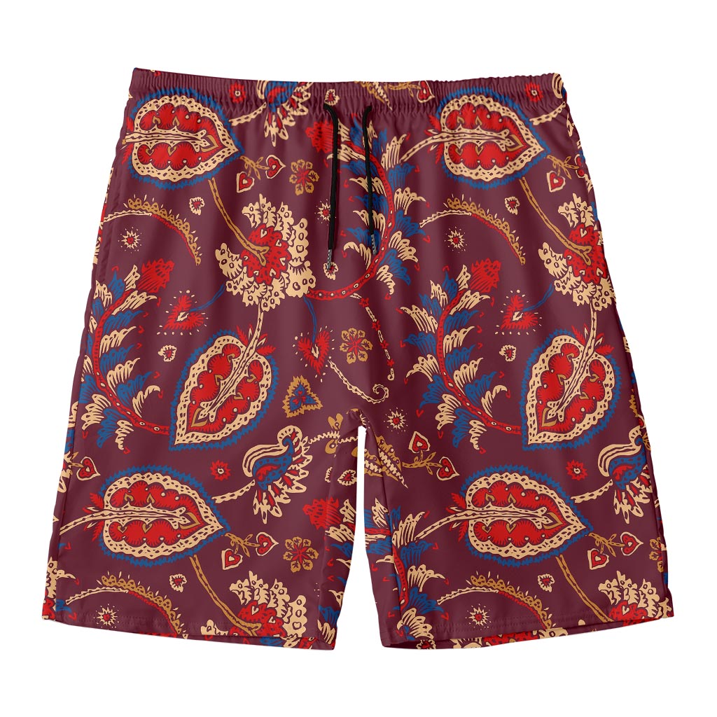 Maroon Vintage Bohemian Floral Print Men's Swim Trunks