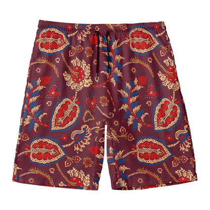 Maroon Vintage Bohemian Floral Print Men's Swim Trunks