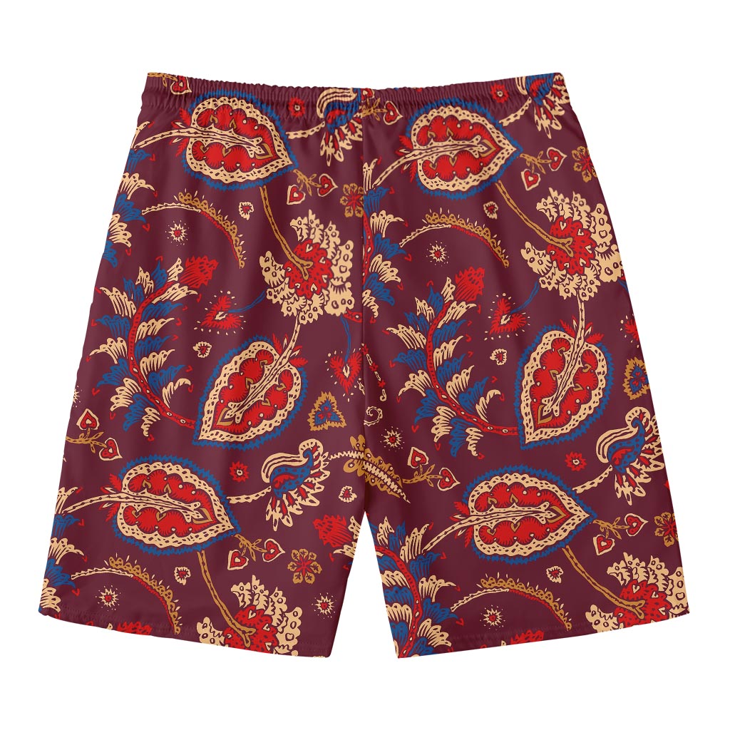Maroon Vintage Bohemian Floral Print Men's Swim Trunks