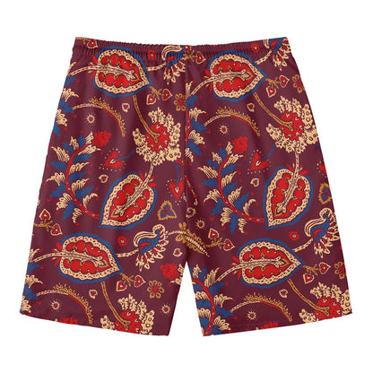 Maroon Vintage Bohemian Floral Print Men's Swim Trunks