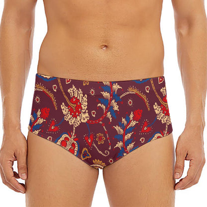 Maroon Vintage Bohemian Floral Print Men's Triangle Swim Briefs