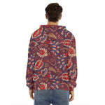 Maroon Vintage Bohemian Floral Print Men's Velvet Pullover Hoodie