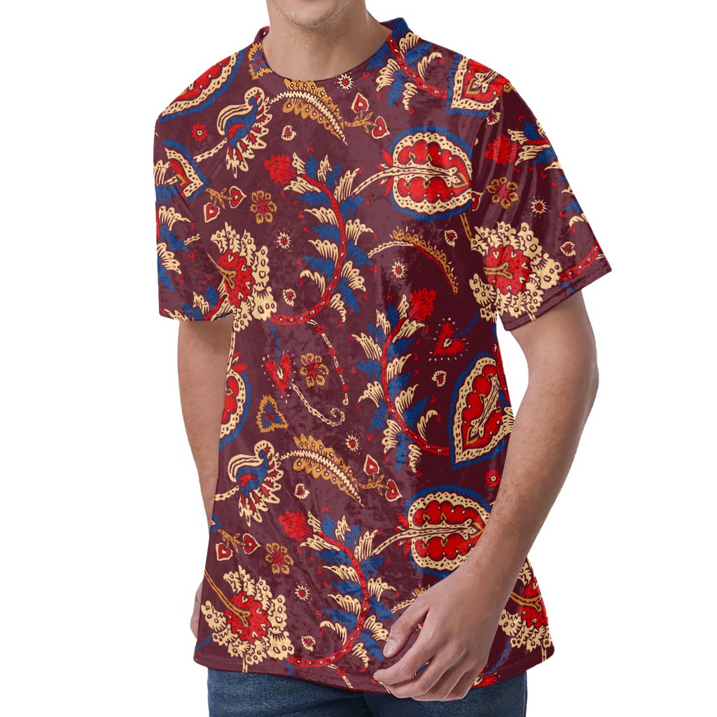 Maroon Vintage Bohemian Floral Print Men's Velvet T-Shirt