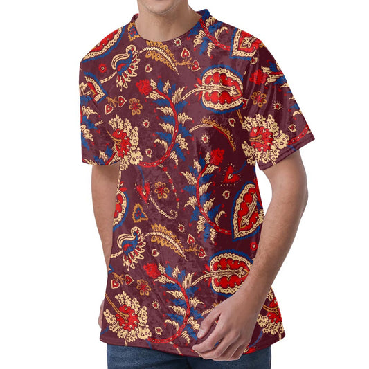 Maroon Vintage Bohemian Floral Print Men's Velvet T-Shirt