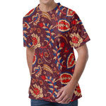Maroon Vintage Bohemian Floral Print Men's Velvet T-Shirt
