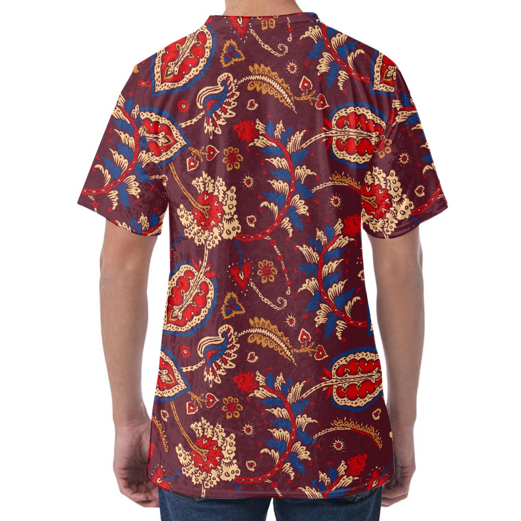 Maroon Vintage Bohemian Floral Print Men's Velvet T-Shirt