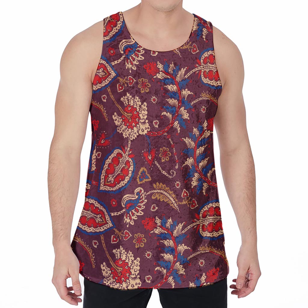 Maroon Vintage Bohemian Floral Print Men's Velvet Tank Top