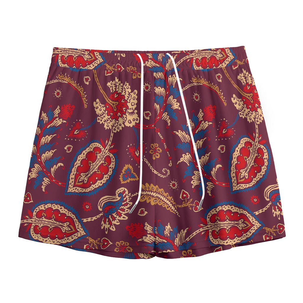 Maroon Vintage Bohemian Floral Print Mesh Shorts