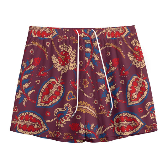 Maroon Vintage Bohemian Floral Print Mesh Shorts