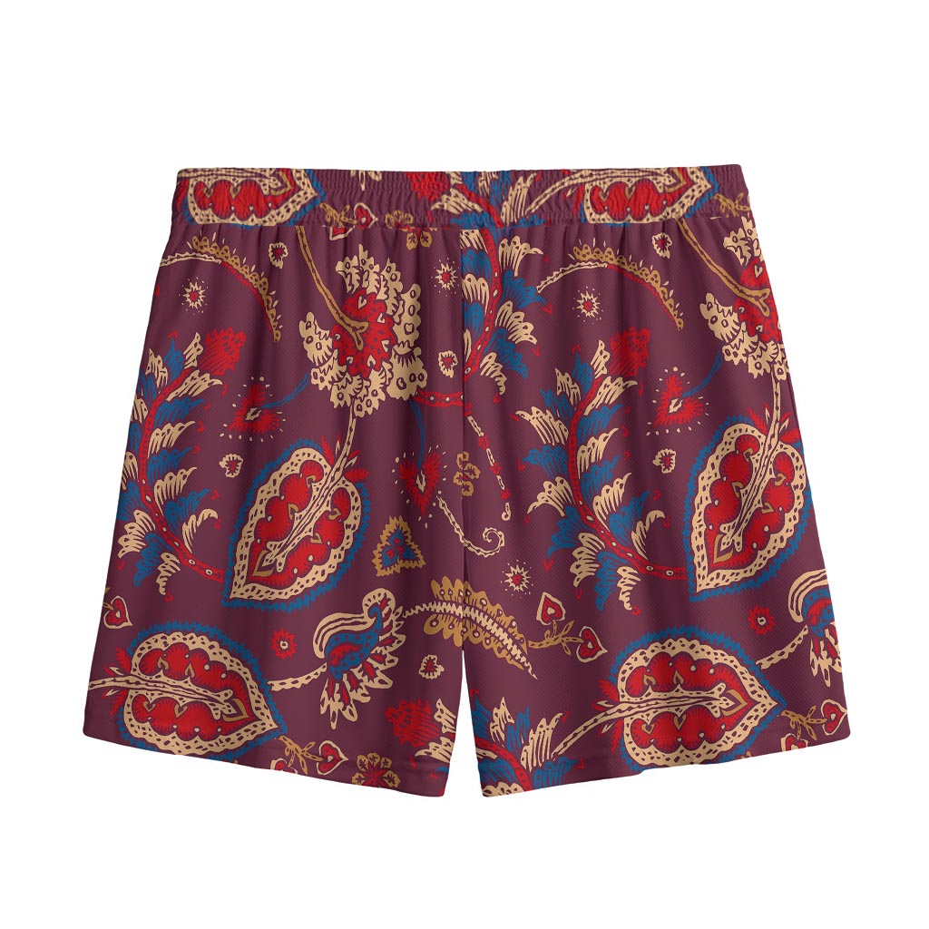Maroon Vintage Bohemian Floral Print Mesh Shorts