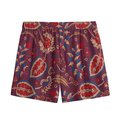 Maroon Vintage Bohemian Floral Print Mesh Shorts