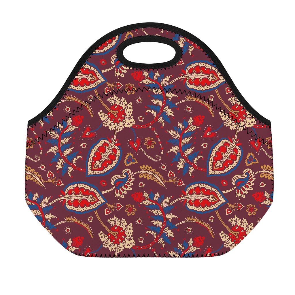 Maroon Vintage Bohemian Floral Print Neoprene Lunch Bag