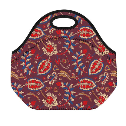 Maroon Vintage Bohemian Floral Print Neoprene Lunch Bag