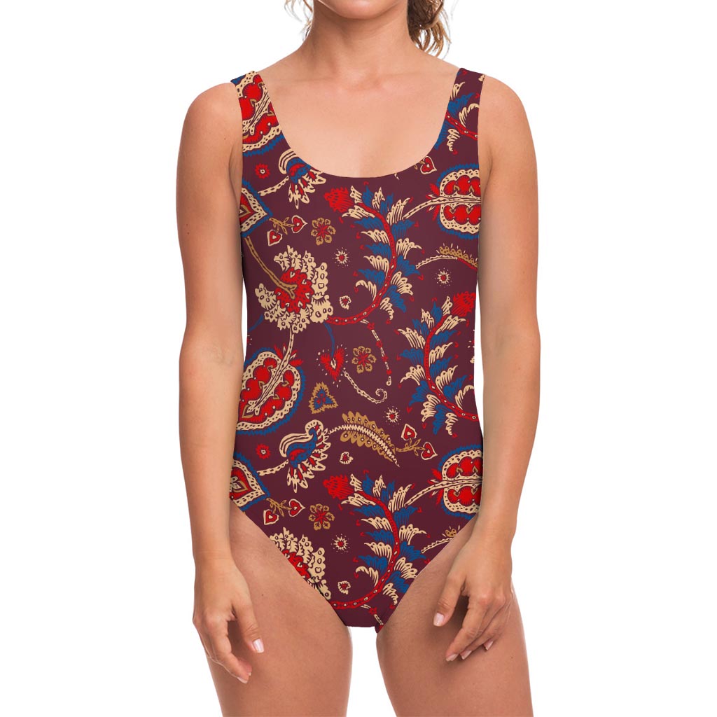 Maroon Vintage Bohemian Floral Print One Piece Swimsuit