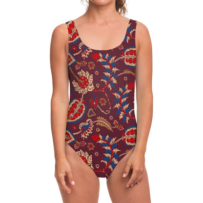 Maroon Vintage Bohemian Floral Print One Piece Swimsuit