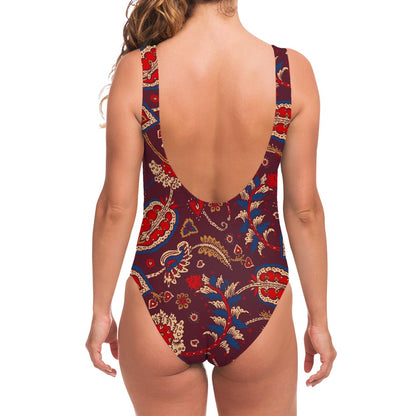 Maroon Vintage Bohemian Floral Print One Piece Swimsuit