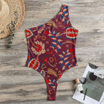 Maroon Vintage Bohemian Floral Print One Shoulder Bodysuit