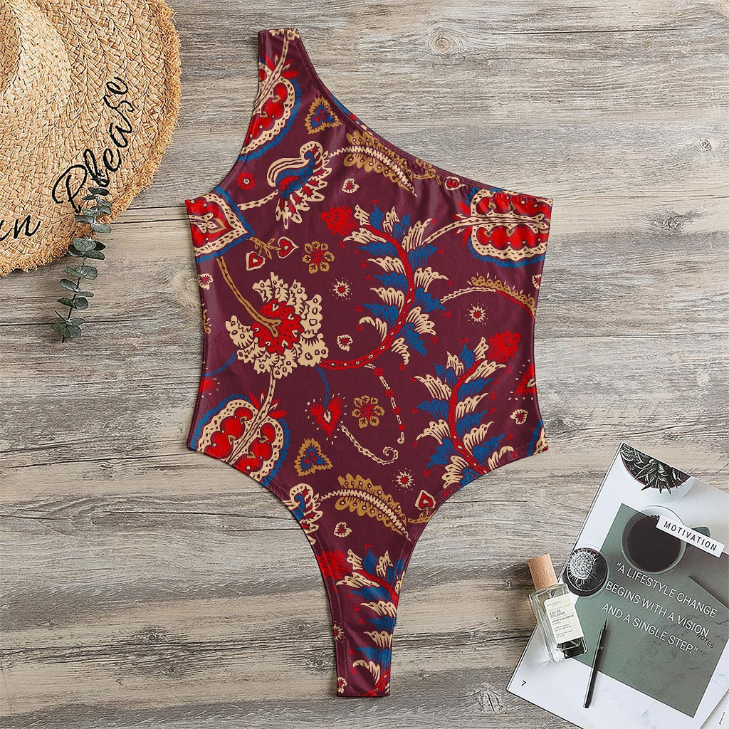 Maroon Vintage Bohemian Floral Print One Shoulder Bodysuit
