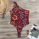Maroon Vintage Bohemian Floral Print One Shoulder Bodysuit