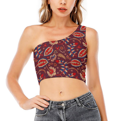 Maroon Vintage Bohemian Floral Print One Shoulder Crop Top