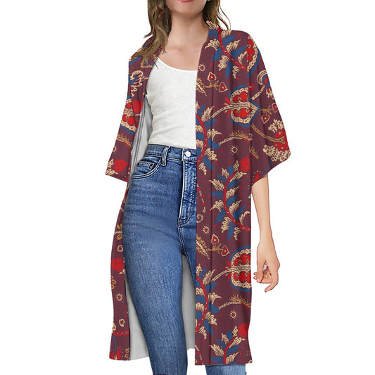 Maroon Vintage Bohemian Floral Print Open Front Beach Cover Up