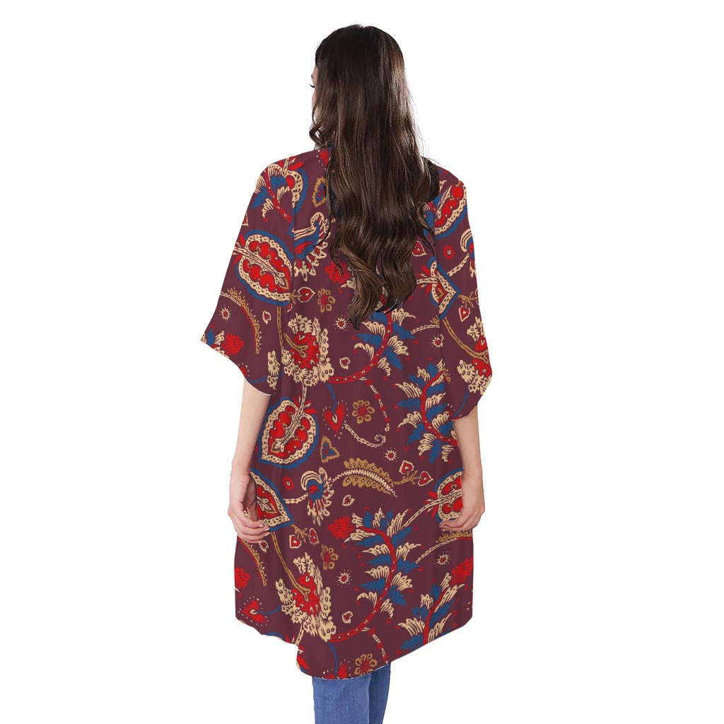 Maroon Vintage Bohemian Floral Print Open Front Beach Cover Up