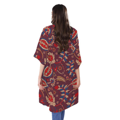 Maroon Vintage Bohemian Floral Print Open Front Beach Cover Up