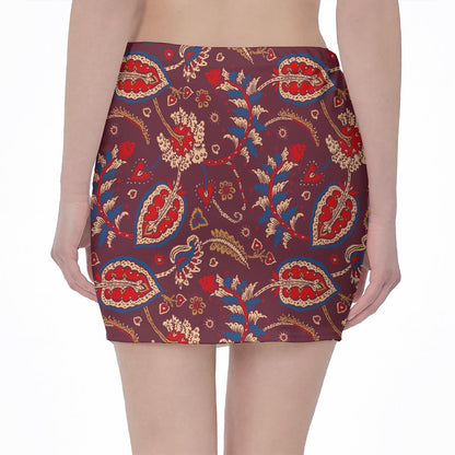Maroon Vintage Bohemian Floral Print Pencil Mini Skirt