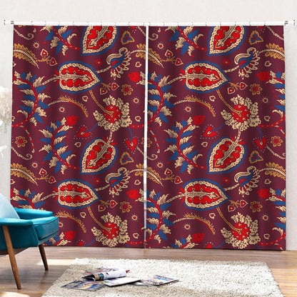 Maroon Vintage Bohemian Floral Print Pencil Pleat Curtains