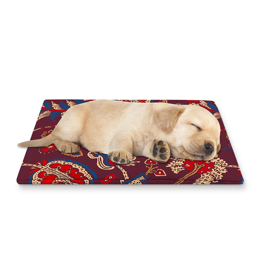 Maroon Vintage Bohemian Floral Print Pet Cooling Mat Cover