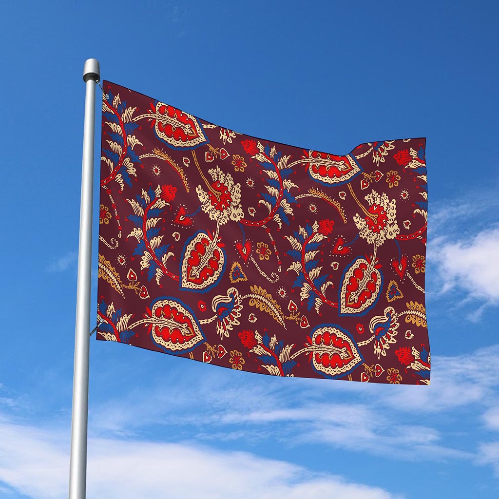 Maroon Vintage Bohemian Floral Print Polyester Flag
