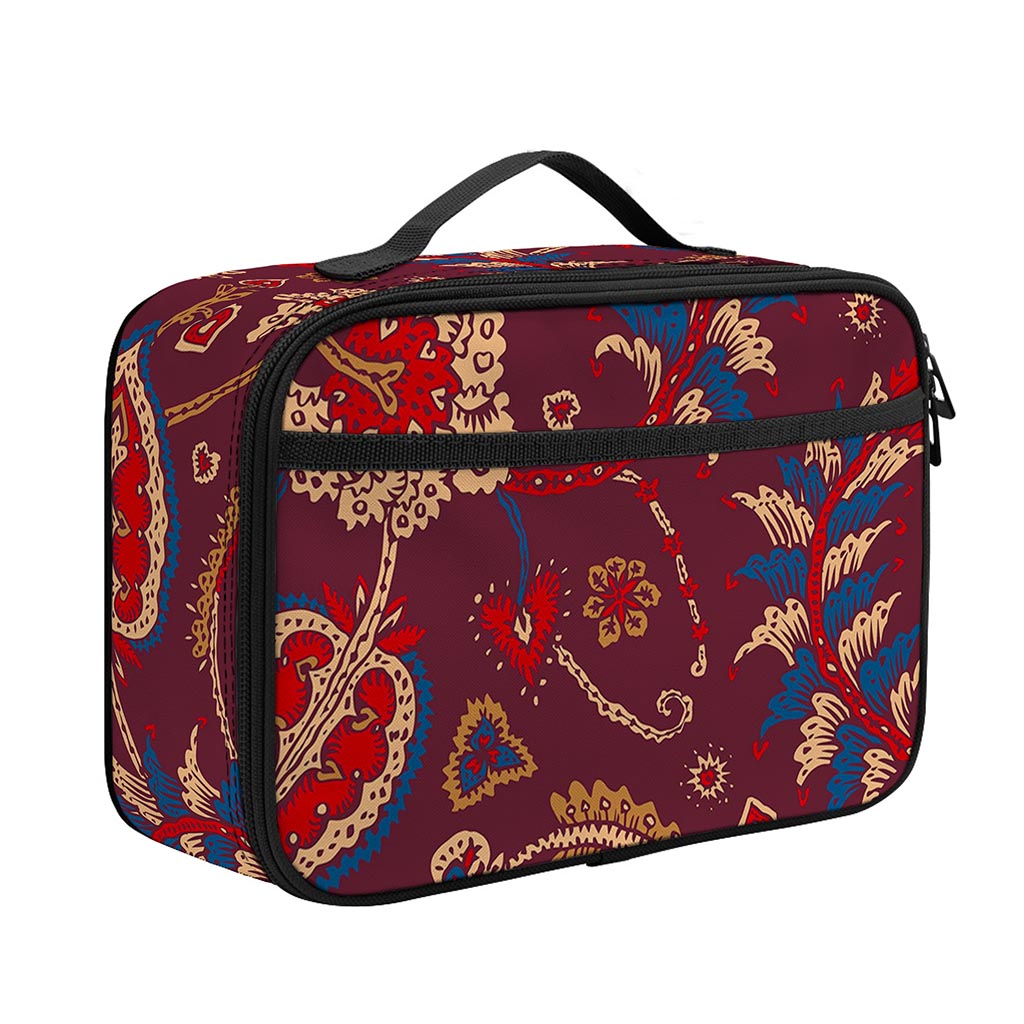 Maroon Vintage Bohemian Floral Print Portable Lunch Bag