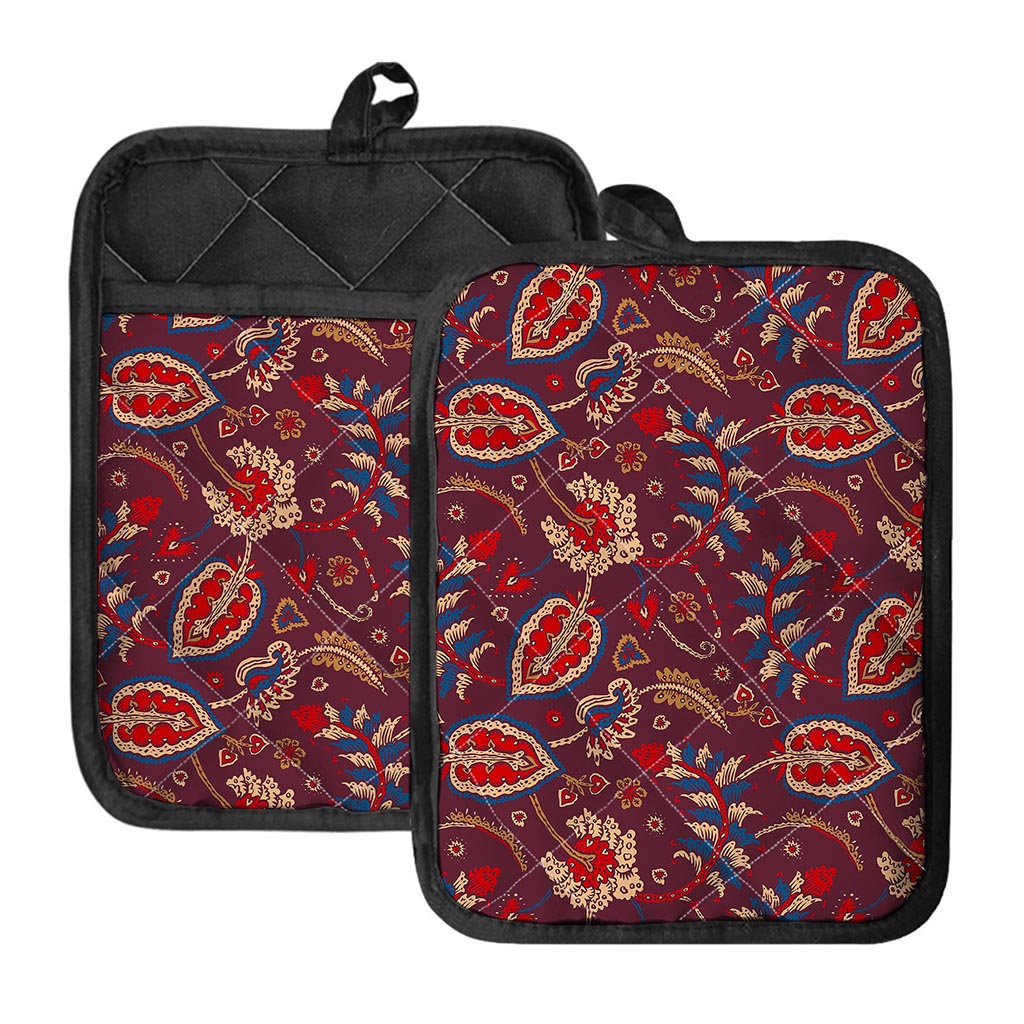 Maroon Vintage Bohemian Floral Print Pot Holders With Pocket