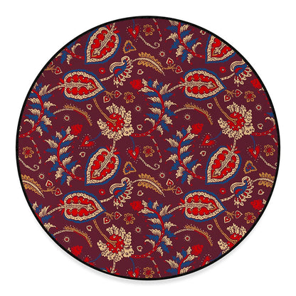 Maroon Vintage Bohemian Floral Print Round Floor Mat