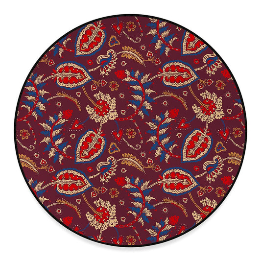 Maroon Vintage Bohemian Floral Print Round Floor Mat
