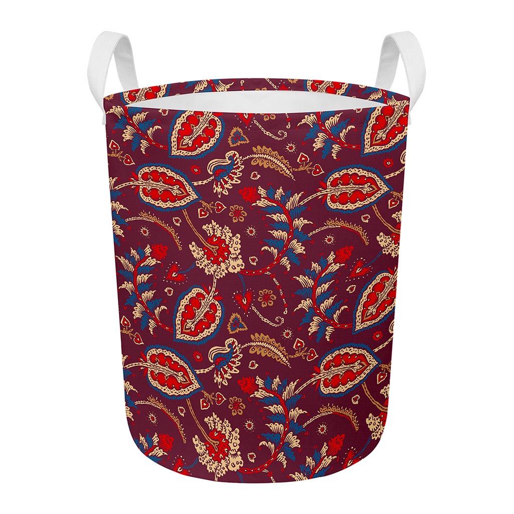 Maroon Vintage Bohemian Floral Print Round Laundry Basket