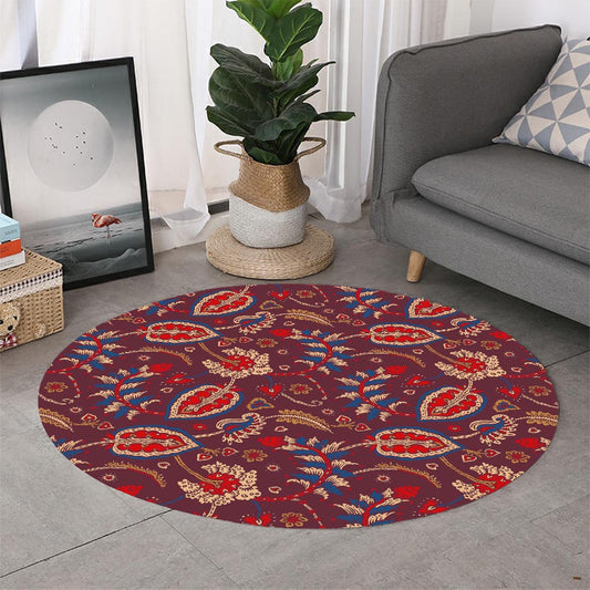 Maroon Vintage Bohemian Floral Print Round Rug